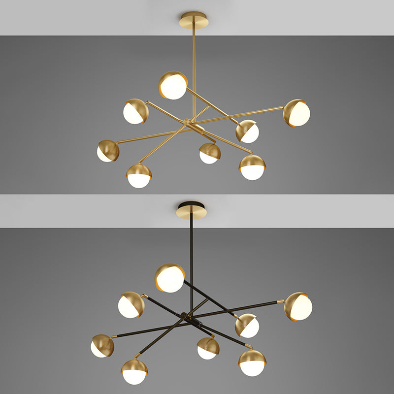 Postmodern Sputnik Chandelier Metal Living Room Pendant Light with White Glass Shade