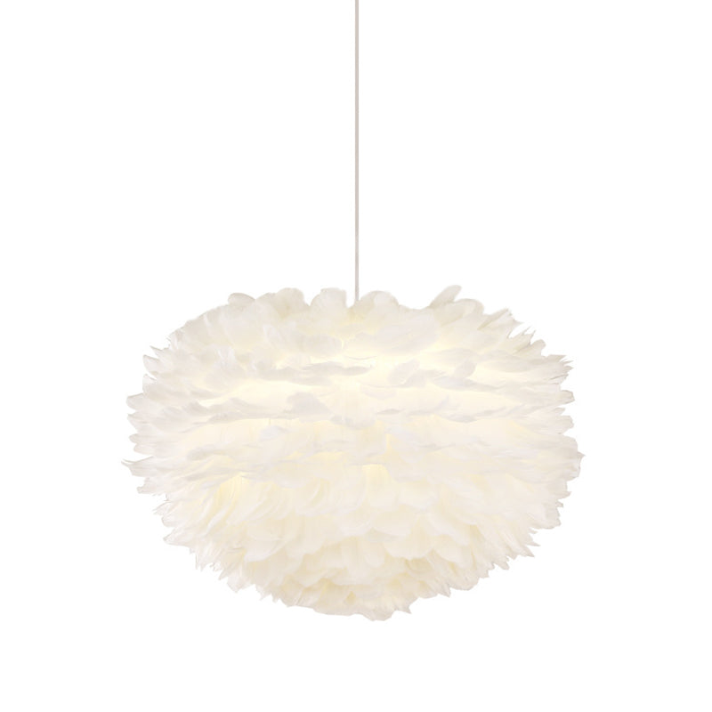 White Drum Pendant Light in Modern Creative Style Wrought Iron Chandelier with Feather Shade