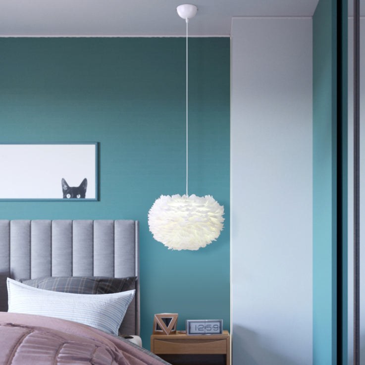 White Drum Pendant Light in Modern Creative Style Wrought Iron Chandelier with Feather Shade