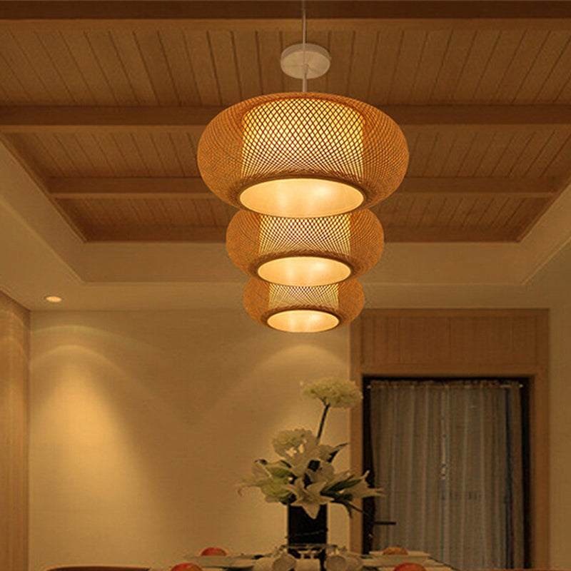 Chinese Drum Pendant Lighting Fixtures Rattan Hanging Light with Hanging Cord for Restaurant