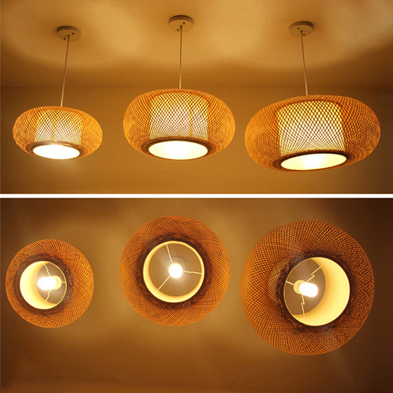Chinese Drum Pendant Lighting Fixtures Rattan Hanging Light with Hanging Cord for Restaurant