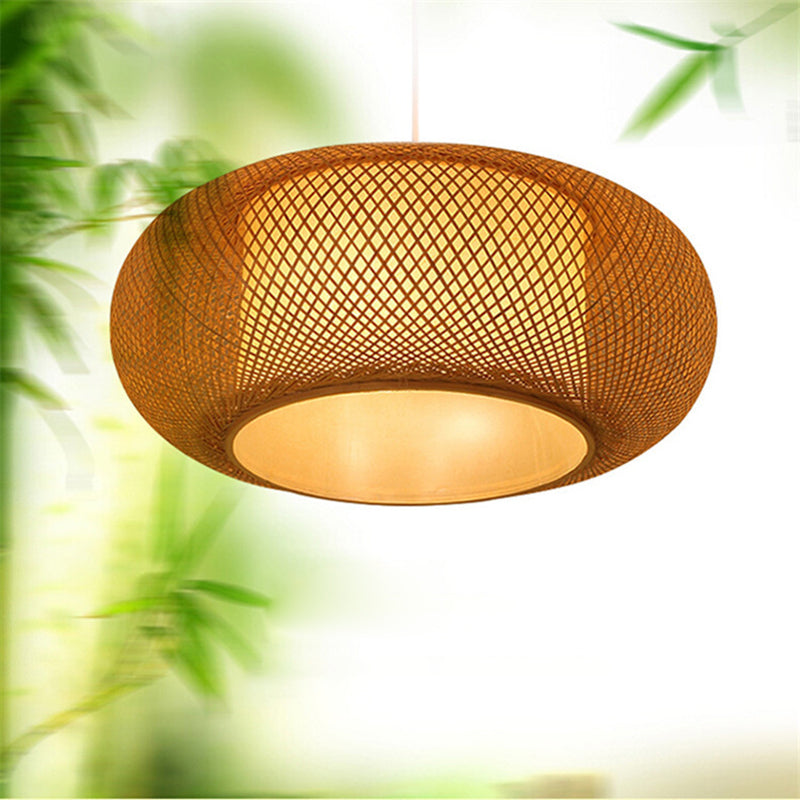 Chinese Drum Pendant Lighting Fixtures Rattan Hanging Light with Hanging Cord for Restaurant