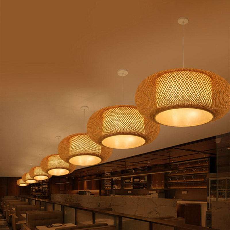 Chinese Drum Pendant Lighting Fixtures Rattan Hanging Light with Hanging Cord for Restaurant