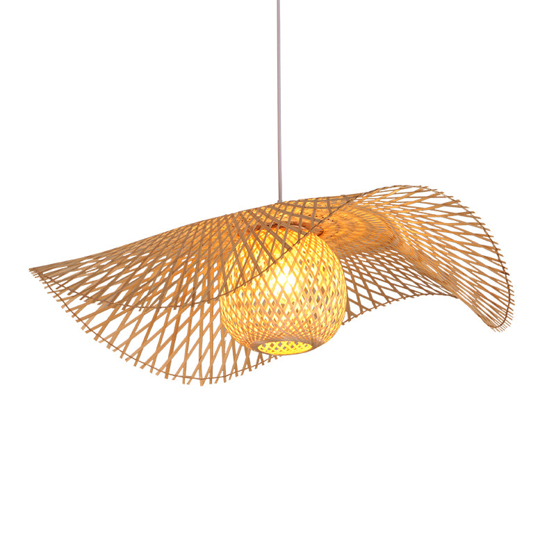 Shaded Pendant Lighting Fixture Asia-Style Bamboo Beige Suspension Pendant Light