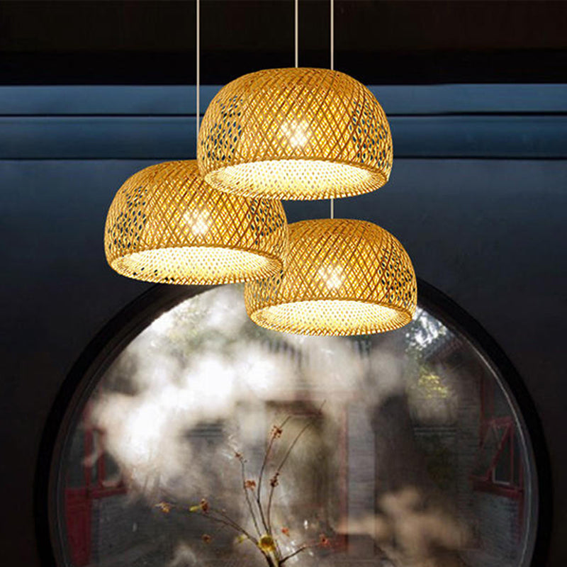 Asia Style Half-Circle Pendant Lighting Fixture Rattan Restaurant Pendant Light Kit in Beige