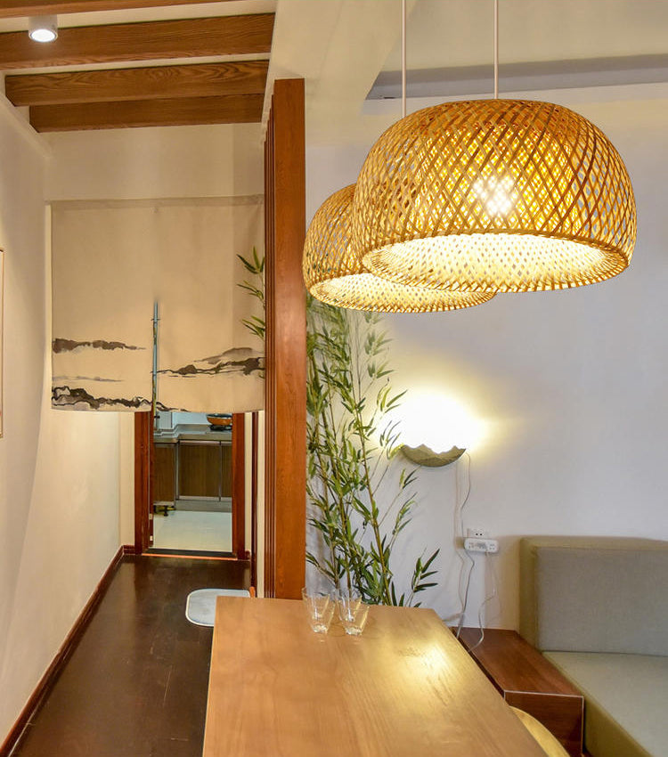 Asia Style Half-Circle Pendant Lighting Fixture Rattan Restaurant Pendant Light Kit in Beige