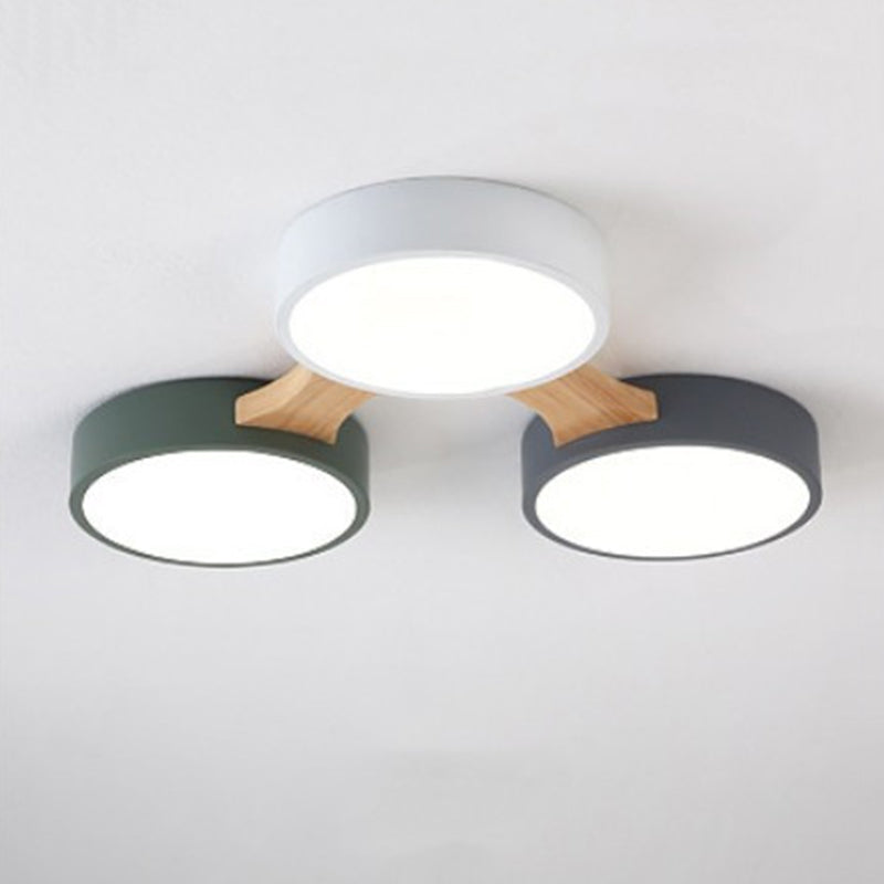 Plafonnier LED Macaron en bois de style créatif moderne, plafonnier circulaire en fer forgé avec abat-jour en acrylique