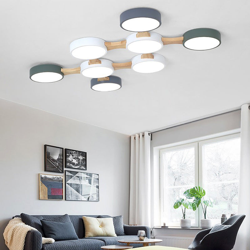 Plafonnier LED Macaron en bois de style créatif moderne, plafonnier circulaire en fer forgé avec abat-jour en acrylique