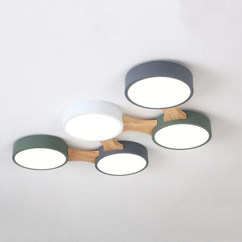 Plafonnier LED Macaron en bois de style créatif moderne, plafonnier circulaire en fer forgé avec abat-jour en acrylique