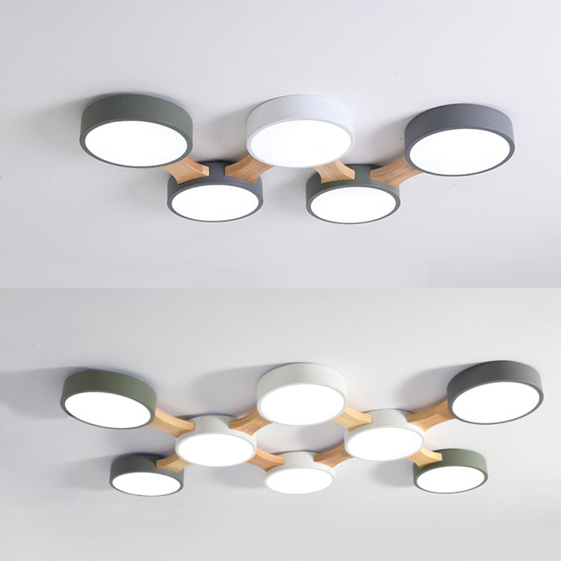 Plafonnier LED Macaron en bois de style créatif moderne, plafonnier circulaire en fer forgé avec abat-jour en acrylique