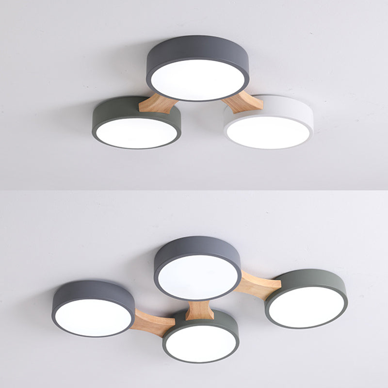 Plafonnier LED Macaron en bois de style créatif moderne, plafonnier circulaire en fer forgé avec abat-jour en acrylique