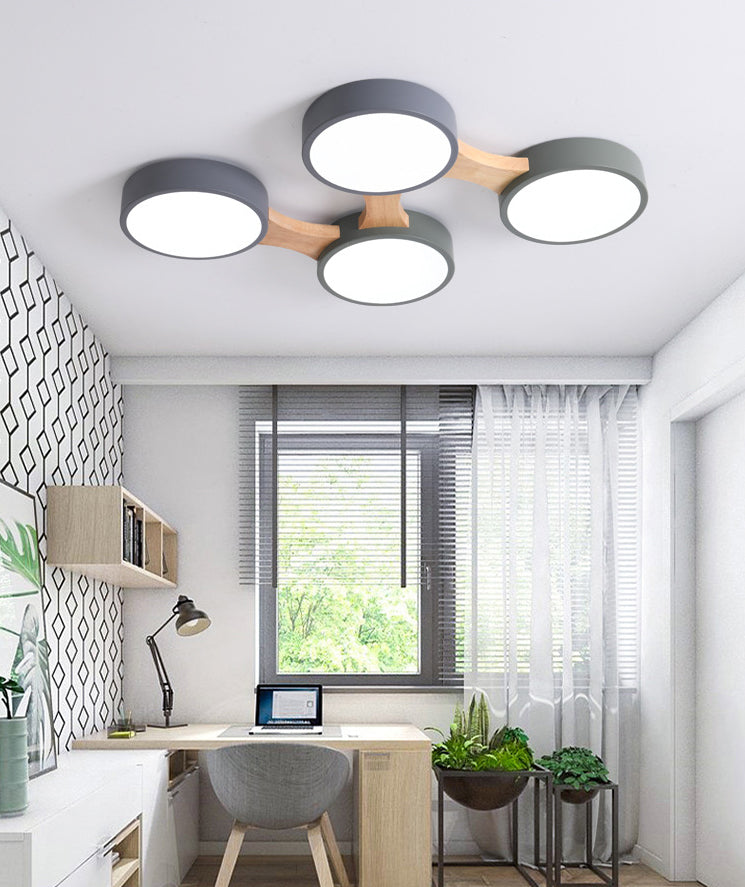 Plafonnier LED Macaron en bois de style créatif moderne, plafonnier circulaire en fer forgé avec abat-jour en acrylique