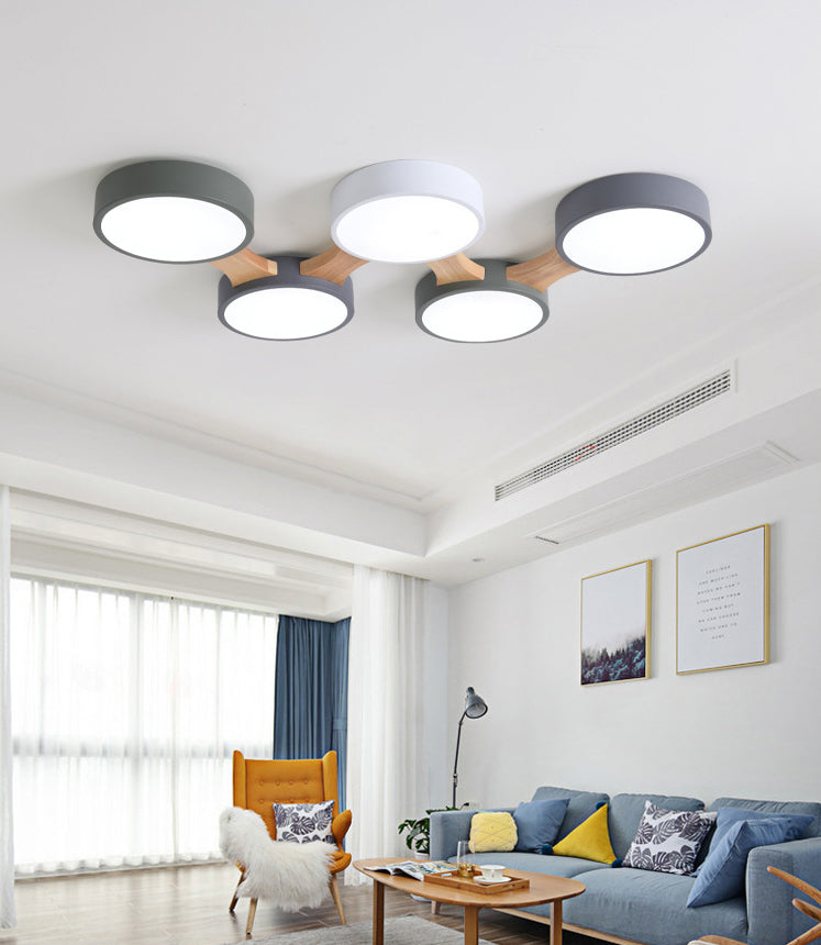 Plafonnier LED Macaron en bois de style créatif moderne, plafonnier circulaire en fer forgé avec abat-jour en acrylique