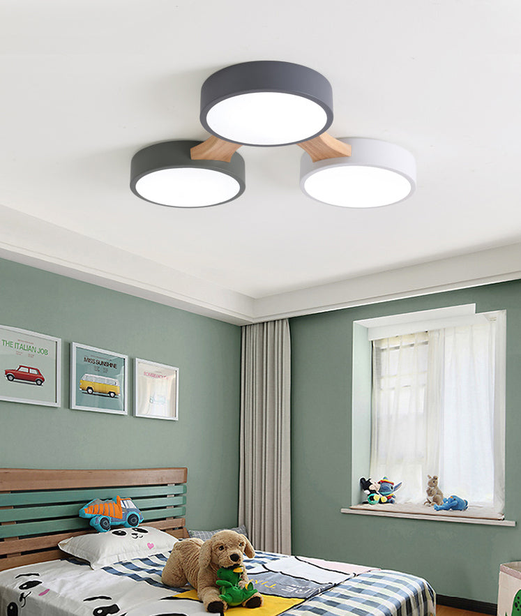 Plafonnier LED Macaron en bois de style créatif moderne, plafonnier circulaire en fer forgé avec abat-jour en acrylique