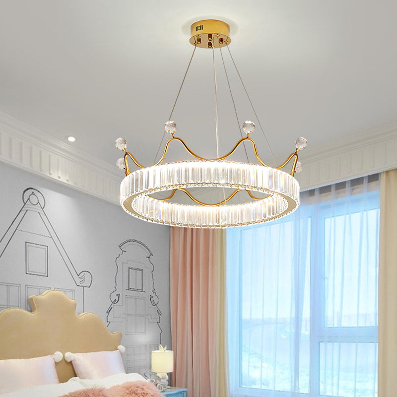 Beveled K9 Crystal Gold Pendant Light Crown Contemporary LED Ceiling Light for Bedroom