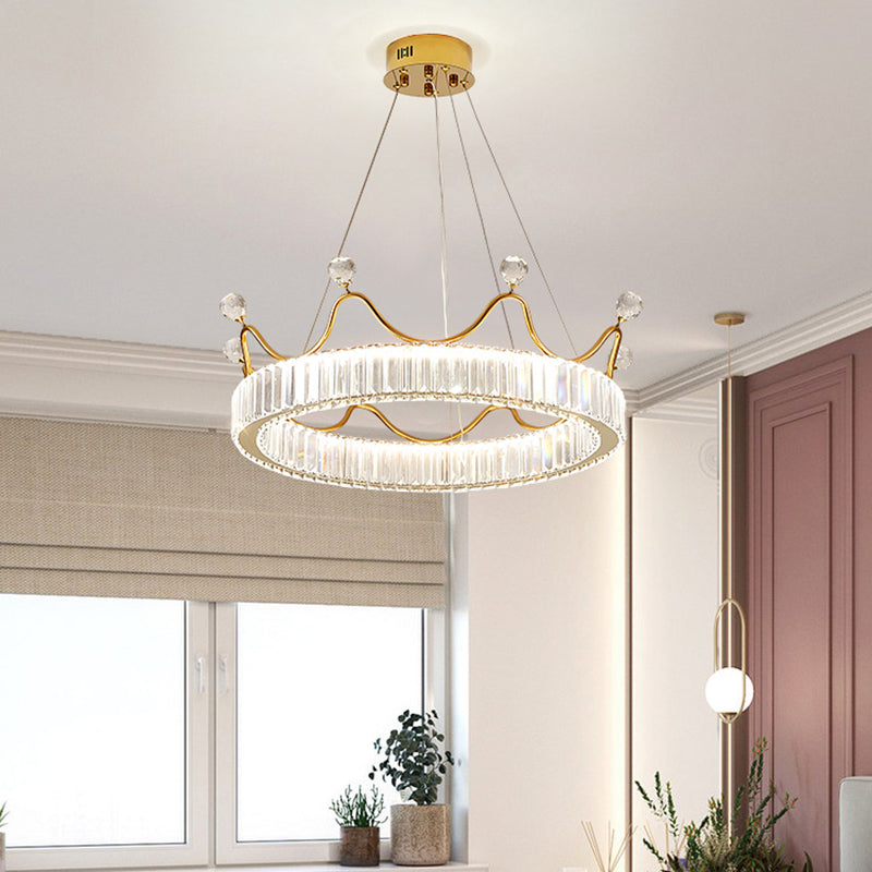 Beveled K9 Crystal Gold Pendant Light Crown Contemporary LED Ceiling Light for Bedroom