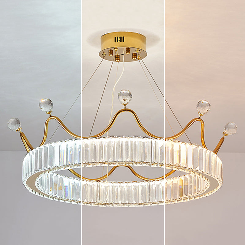 Beveled K9 Crystal Gold Pendant Light Crown Contemporary LED Ceiling Light for Bedroom