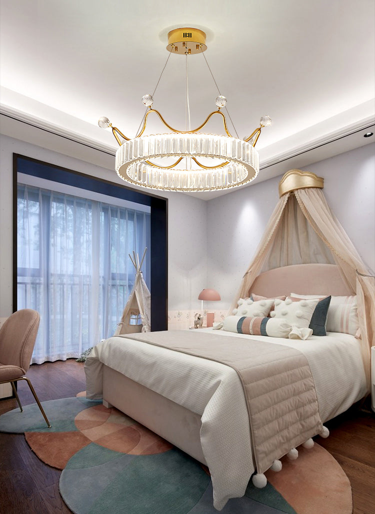 Beveled K9 Crystal Gold Pendant Light Crown Contemporary LED Ceiling Light for Bedroom
