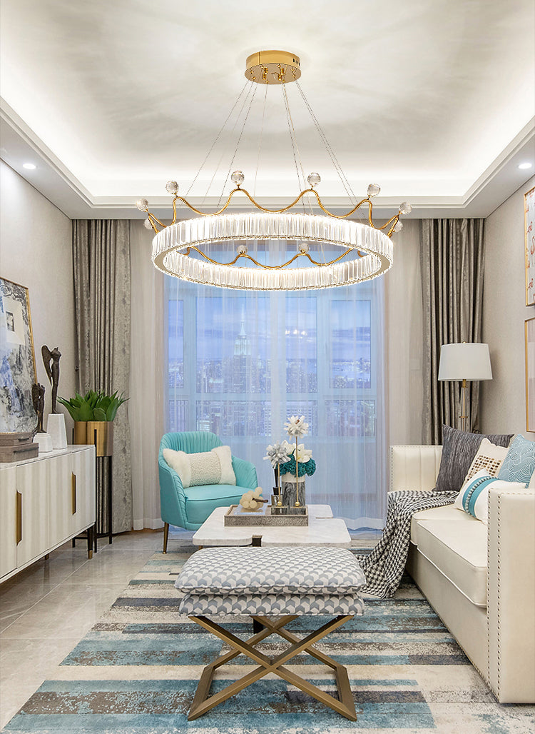 Beveled K9 Crystal Gold Pendant Light Crown Contemporary LED Ceiling Light for Bedroom