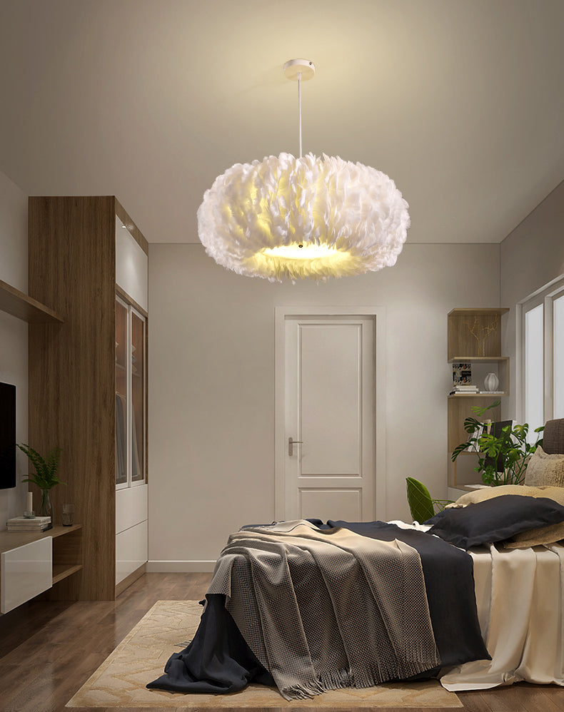 Drum Chandelier Light Fixture Modern Simplicity Feather Shade Pendant Lighting for Restaurant