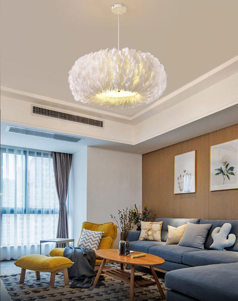 Drum Chandelier Light Fixture Modern Simplicity Feather Shade Pendant Lighting for Restaurant