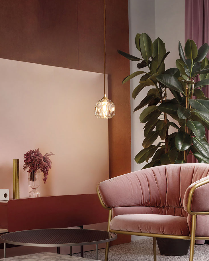 Gold Single Pendant Light in Modern Luxury Style Copper Globe Hanging Lamp with Crystal Shade