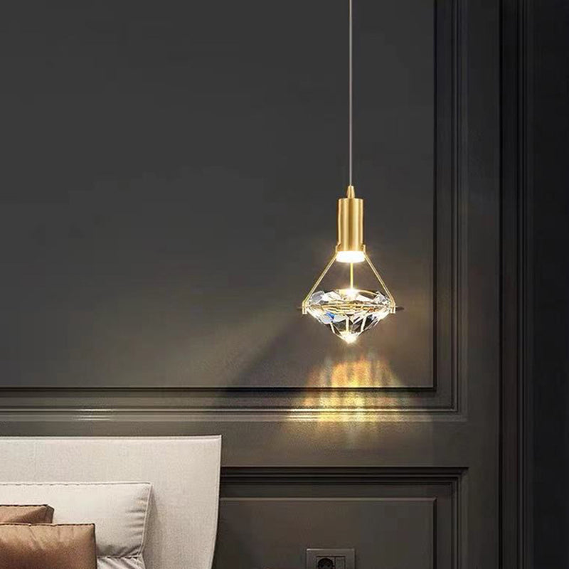 Brass Crystal LED Pendant Light in Modern Luxury Style Copper Geometric Hanging Lamp for Bedroom