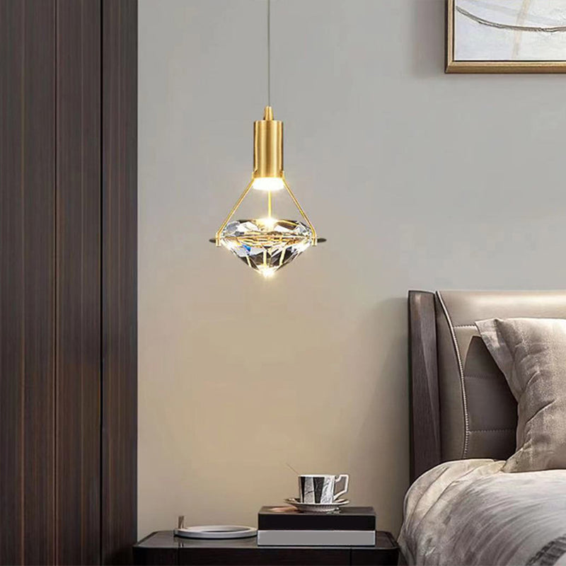 Brass Crystal LED Pendant Light in Modern Luxury Style Copper Geometric Hanging Lamp for Bedroom