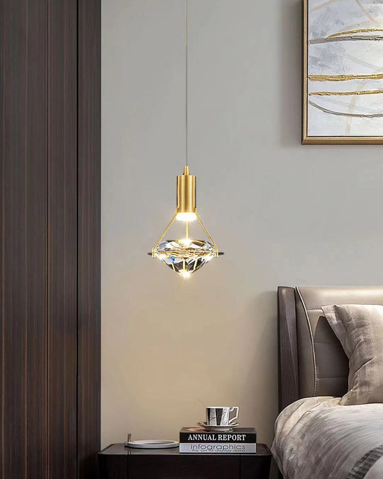 Brass Crystal LED Pendant Light in Modern Luxury Style Copper Geometric Hanging Lamp for Bedroom