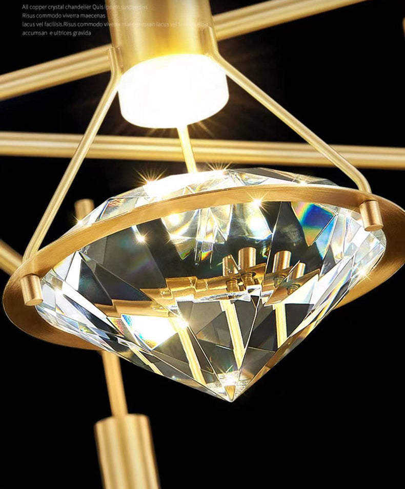 Brass Crystal LED Pendant Light in Modern Luxury Style Copper Geometric Hanging Lamp for Bedroom