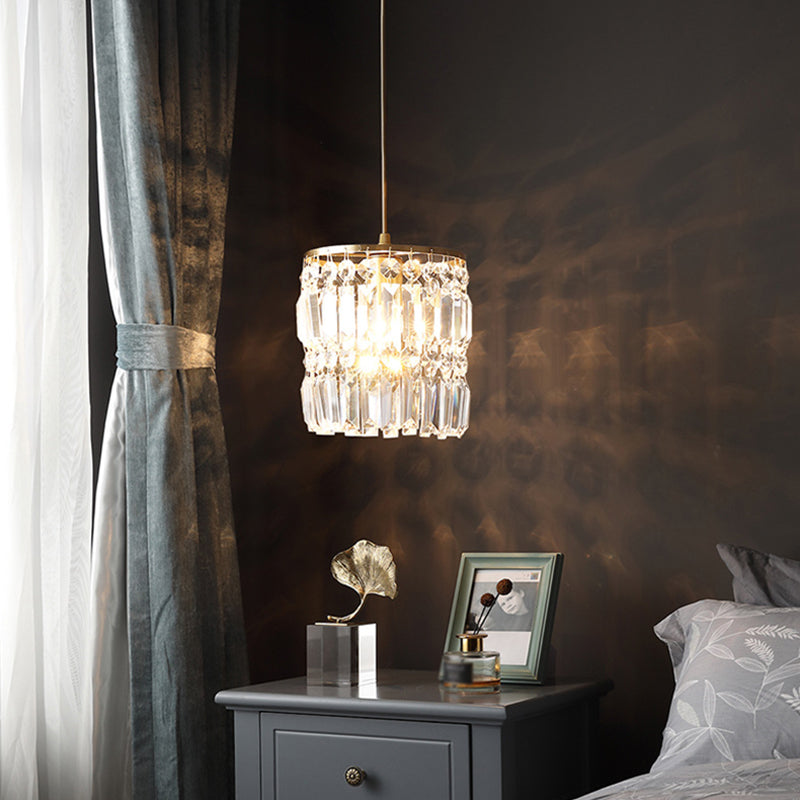 Luz colgante de LED de cristal en la moderna lámpara colgante cilíndrica de hierro forjado para el comedor