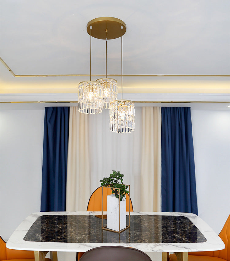 Luz colgante de LED de cristal en la moderna lámpara colgante cilíndrica de hierro forjado para el comedor