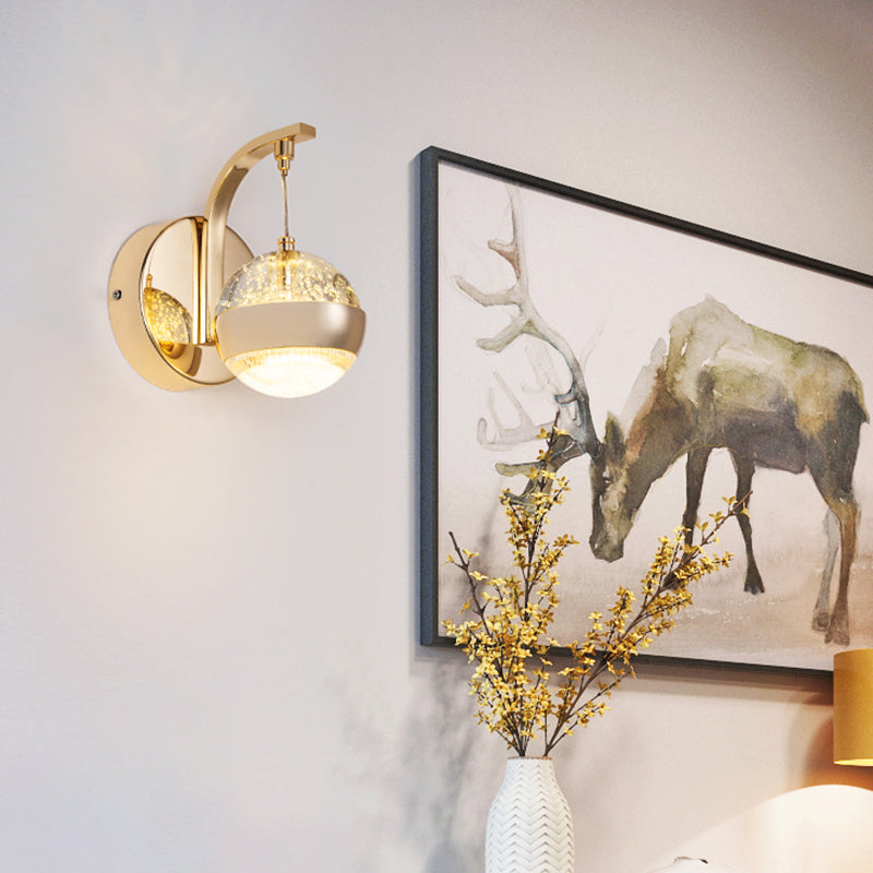 Bedroom Sconce Light Fixture Modern Style Gold LED Wall Lighting Fixture with Round Crystal Shade