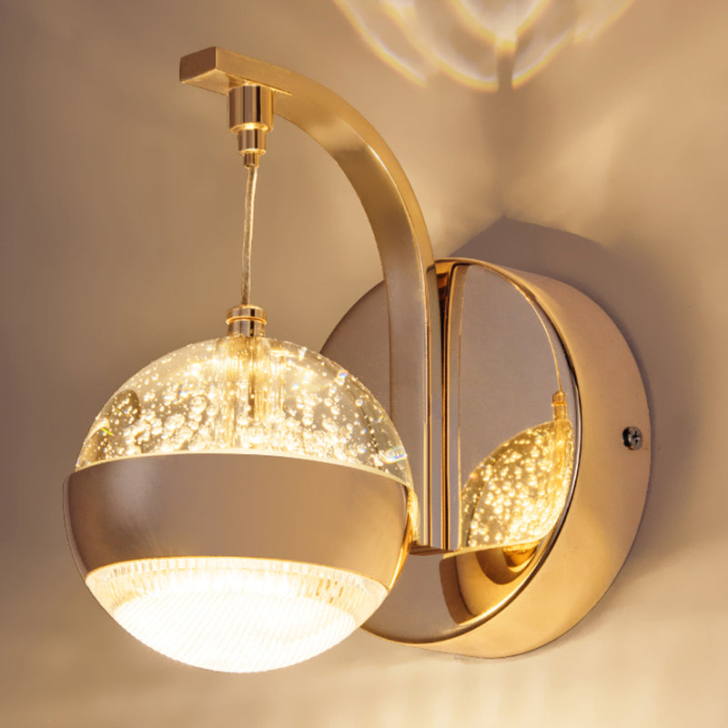 Bedroom Sconce Light Fixture Modern Style Gold LED Wall Lighting Fixture with Round Crystal Shade