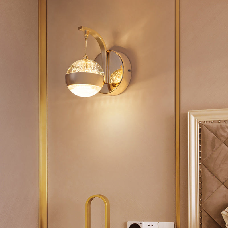 Bedroom Sconce Light Fixture Modern Style Gold LED Wall Lighting Fixture with Round Crystal Shade