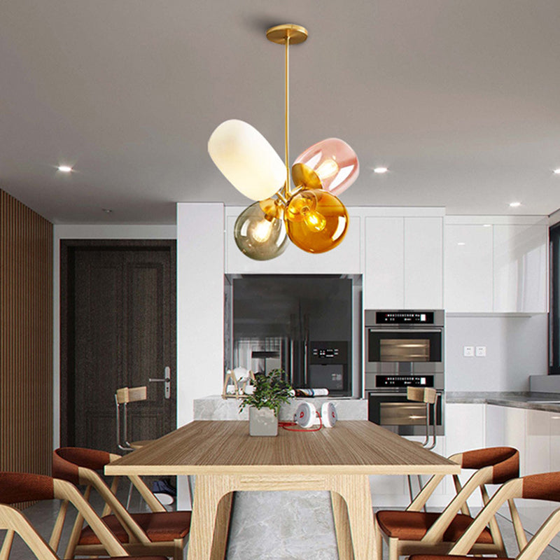 Lampadario a soffitto in vetro ambra sferico sferico contemporaneo 4 luci appesi kit di luce in ottone