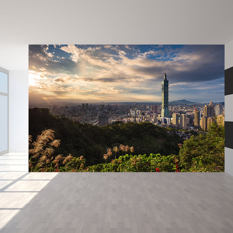 Urban City View Mural Bright Modern Stain Resistant Wall Covering for Living Room