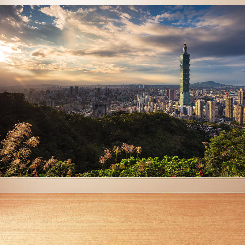 Urban City View Mural Bright Modern Stain Resistant Wall Covering for Living Room