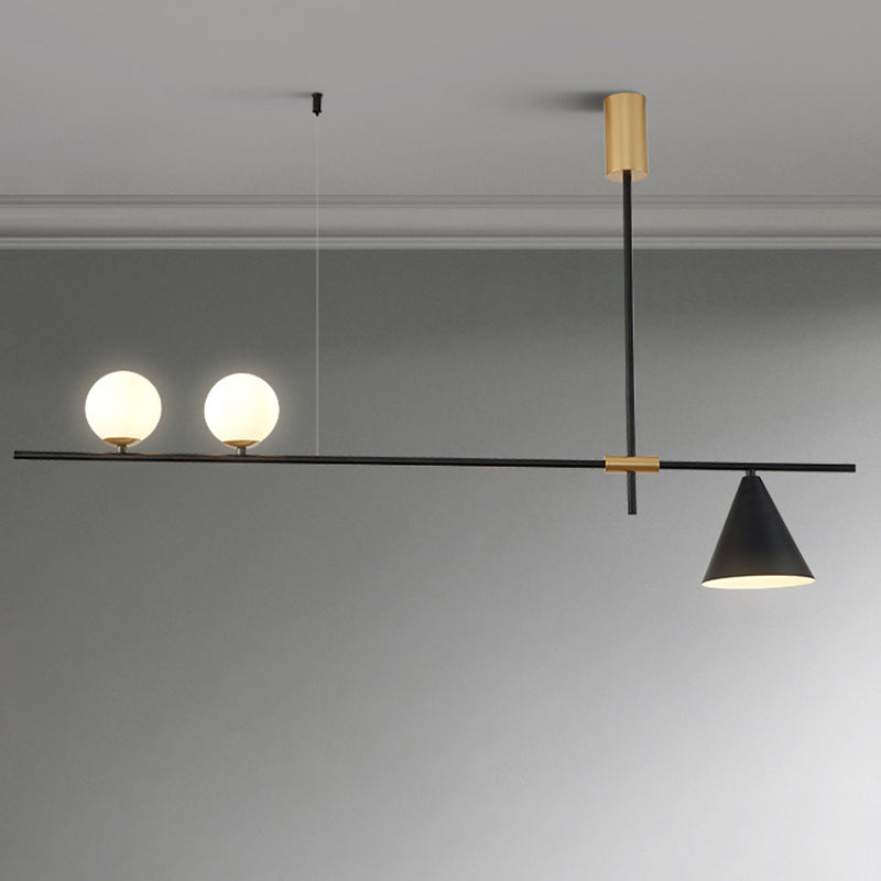 Metal Conical Island Lamp Contemporary 2 Lights Hanging Light in Black with Opal Glass Shade