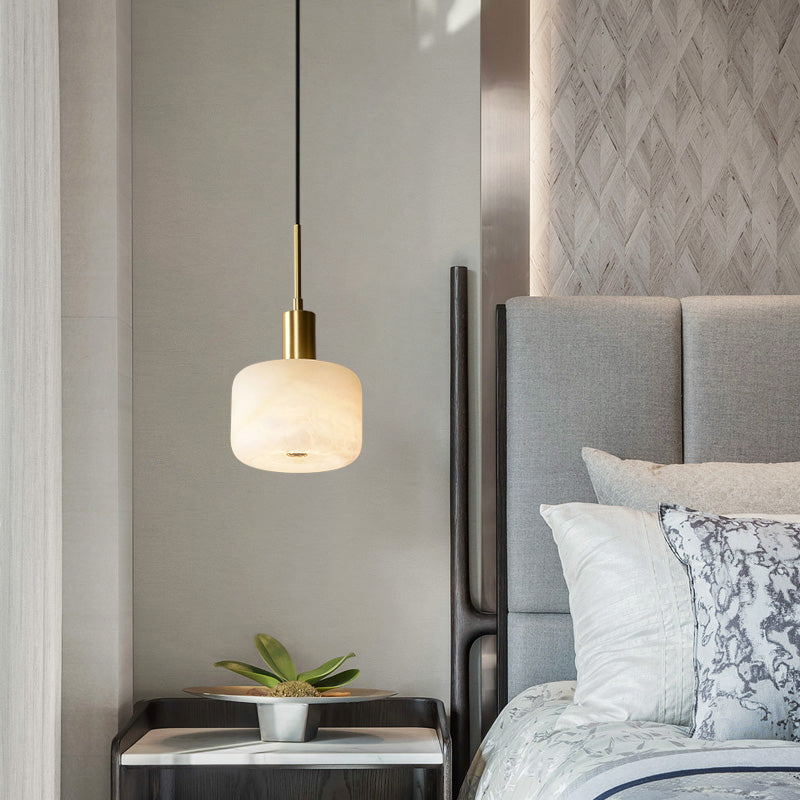 Shaded Bedroom Suspension Pendant Light Stone Modern Style Hanging Light Fixture in White
