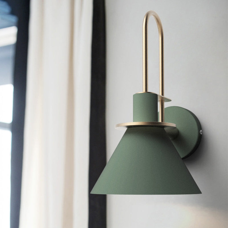 1 Light Bedside Wall Mounted Light Simple Black/White/Green Sconce Lamp with Conical Metal Shade