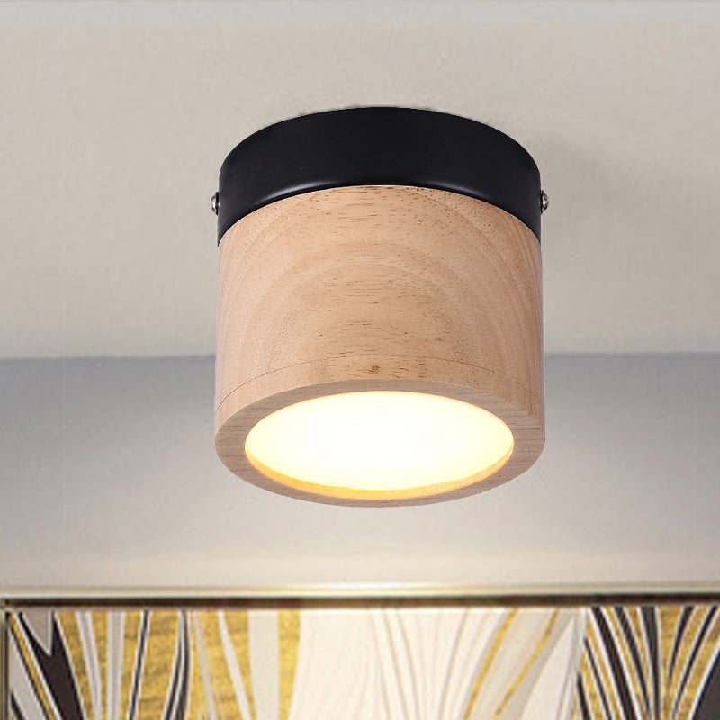 Mini LED Foyer Flush Ceiling Lamp Nordic Style Black and Beige Ceiling Lamp with Cylinder Wood Shade