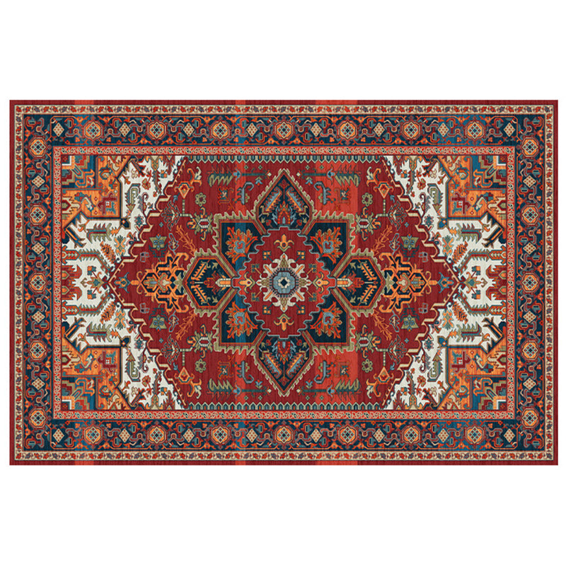 Red Tone Floral Print Rug Polyester Carpet Antique Anti-Slip Backing Indoor Rug for Living Room
