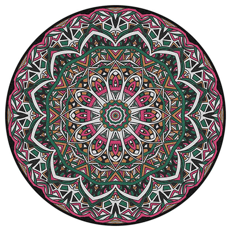 Round Multicolor Flower Print Rug Polyester Carpet Retro Anti-Slip Backing Indoor Rug for Bedroom
