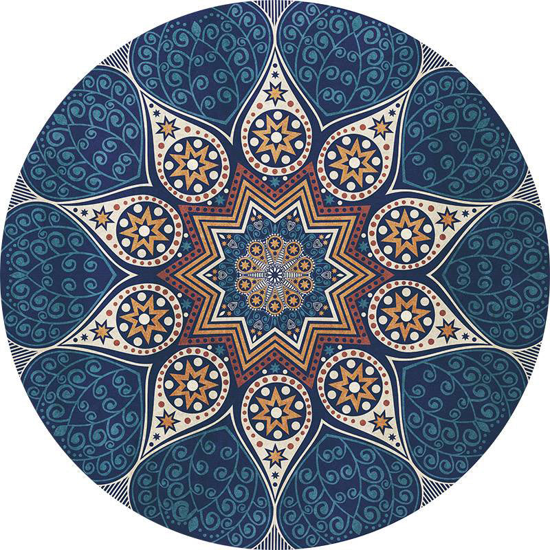 Round Multicolor Flower Print Rug Polyester Carpet Retro Anti-Slip Backing Indoor Rug for Bedroom