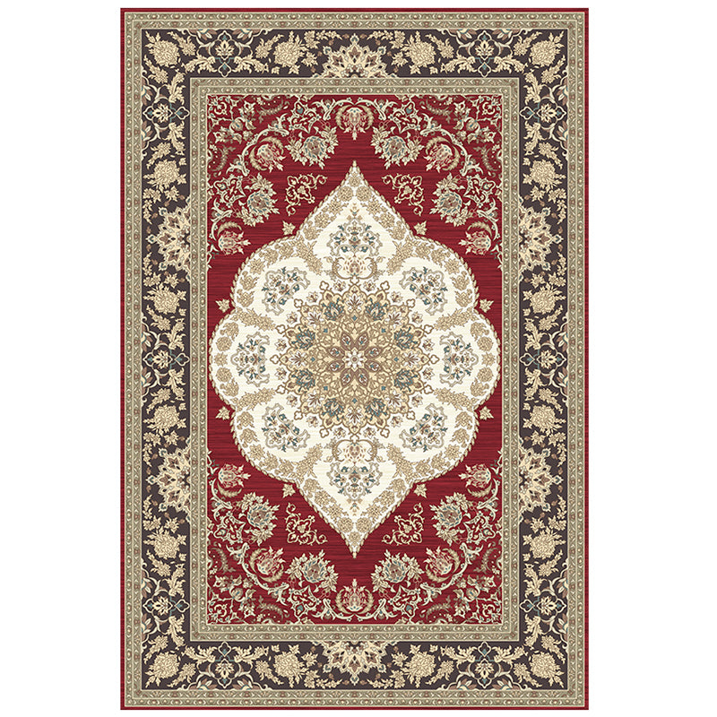 Moroccan Symmetrical Printed Rug Red Tone Polyester Area Carpet Non-Slip Backing Rug for Living Room