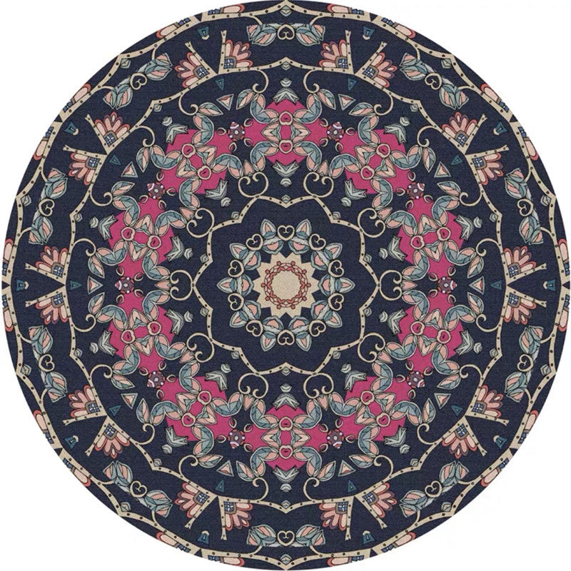 Round Multicolor Persian Indoor Rug Polyester Floral Print Carpet Easy Care Rug for Home Decoration