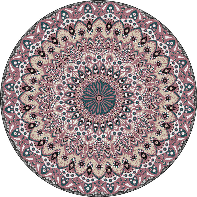 Round Multicolor Persian Indoor Rug Polyester Floral Print Carpet Easy Care Rug for Home Decoration