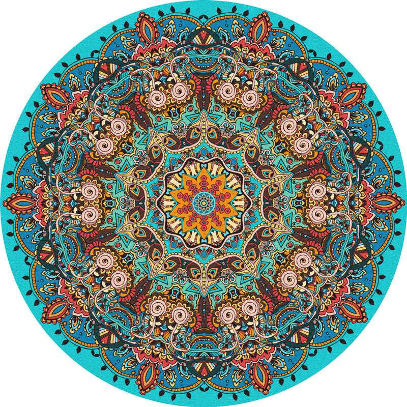 Round Multicolor Persian Indoor Rug Polyester Floral Print Carpet Easy Care Rug for Home Decoration