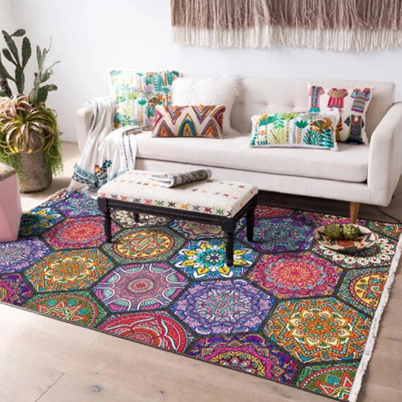 Multicolor Home Decoration Carpet Retro Moroccan Tile Area Rug Polyester with Non-Slip Backing Rug